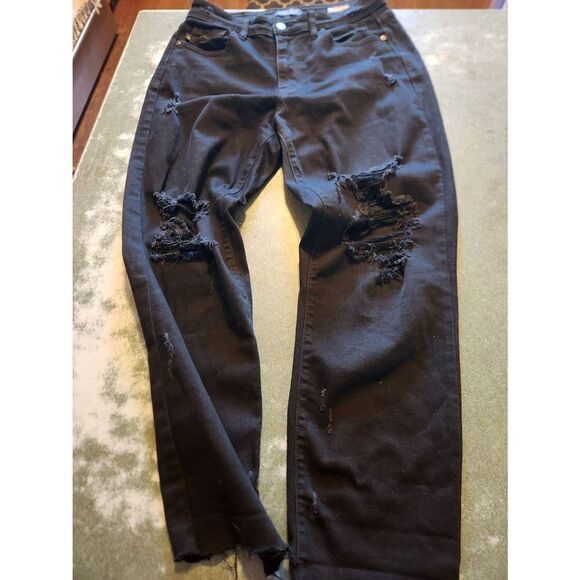 Judy Blue Black High Rise Boyfriend Jeans Distressed sz 7/28 - Picture 1 of 4